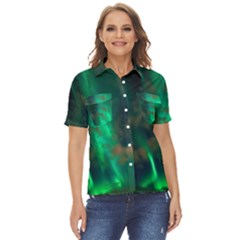 Northern Lights Plasma Sky Women s Short Sleeve Double Pocket Shirt