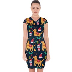 Funny Christmas Pattern Background Capsleeve Drawstring Dress 