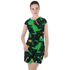 Christmas Funny Pattern Dinosaurs Drawstring Hooded Dress by Ket1n9