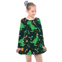 Christmas Funny Pattern Dinosaurs Kids  Long Sleeve Dress by Ket1n9
