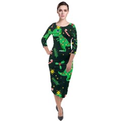 Christmas Funny Pattern Dinosaurs Quarter Sleeve Midi Velour Bodycon Dress by Ket1n9