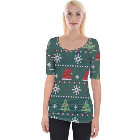 Beautiful Knitted Christmas Pattern Wide Neckline T-shirt by Ket1n9