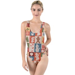 Cute Christmas Seamless Pattern Vector  - High Leg Strappy Swimsuit by Ket1n9