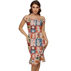 Cute Christmas Seamless Pattern Vector  - Off Shoulder Ruffle Split Hem Bodycon Dress