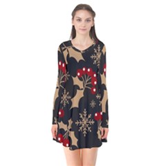 Christmas Pattern With Snowflakes Berries Long Sleeve V-neck Flare Dress