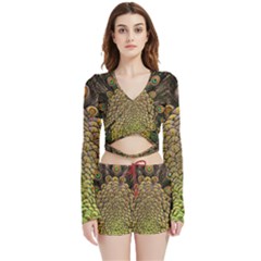 Peacock Feathers Wheel Plumage Velvet Wrap Crop Top And Shorts Set by Ket1n9