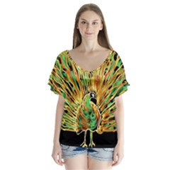 Unusual Peacock Drawn With Flame Lines V-neck Flutter Sleeve Top