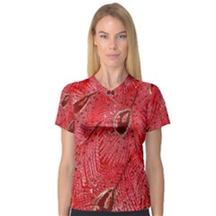 Red Peacock Floral Embroidered Long Qipao Traditional Chinese Cheongsam Mandarin V-Neck Sport Mesh T-Shirt