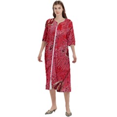 Red Peacock Floral Embroidered Long Qipao Traditional Chinese Cheongsam Mandarin Women s Cotton 3/4 Sleeve Night Gown