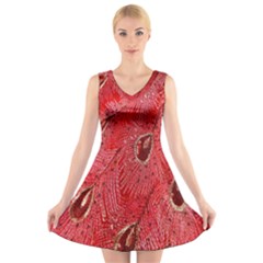 Red Peacock Floral Embroidered Long Qipao Traditional Chinese Cheongsam Mandarin V-Neck Sleeveless Dress
