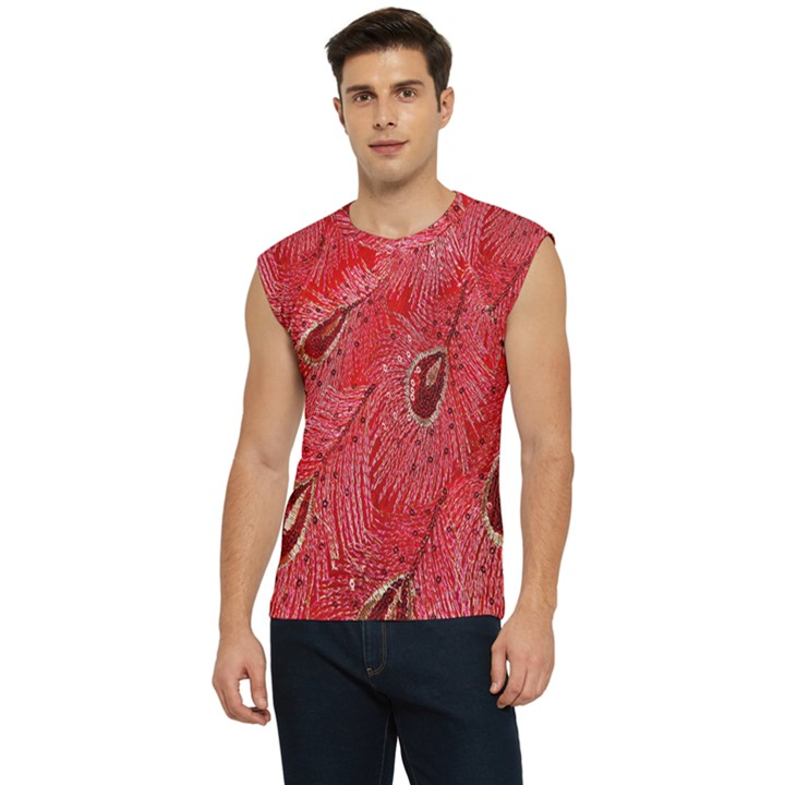 Red Peacock Floral Embroidered Long Qipao Traditional Chinese Cheongsam Mandarin Men s Raglan Cap Sleeve T-Shirt