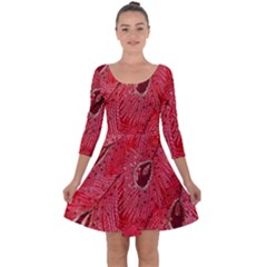Red Peacock Floral Embroidered Long Qipao Traditional Chinese Cheongsam Mandarin Quarter Sleeve Skater Dress