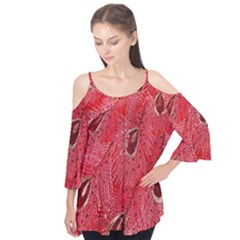 Red Peacock Floral Embroidered Long Qipao Traditional Chinese Cheongsam Mandarin Flutter Sleeve T-Shirt 