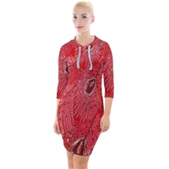 Red Peacock Floral Embroidered Long Qipao Traditional Chinese Cheongsam Mandarin Quarter Sleeve Hood Bodycon Dress