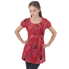 Red Peacock Floral Embroidered Long Qipao Traditional Chinese Cheongsam Mandarin Puff Sleeve Tunic Top