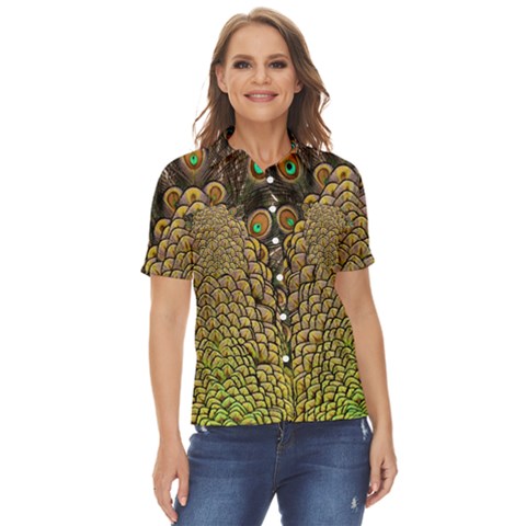 Peacock Feathers Wheel Plumage Women s Short Sleeve Double Pocket Shirt by Ket1n9