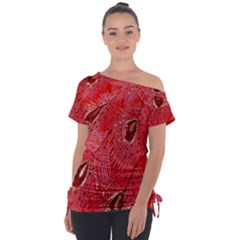 Red Peacock Floral Embroidered Long Qipao Traditional Chinese Cheongsam Mandarin Off Shoulder Tie-Up T-Shirt