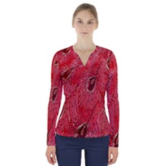 Red Peacock Floral Embroidered Long Qipao Traditional Chinese Cheongsam Mandarin V-Neck Long Sleeve Top