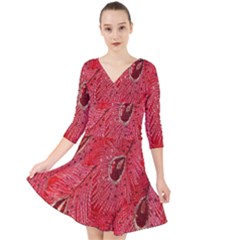 Red Peacock Floral Embroidered Long Qipao Traditional Chinese Cheongsam Mandarin Quarter Sleeve Front Wrap Dress