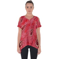 Red Peacock Floral Embroidered Long Qipao Traditional Chinese Cheongsam Mandarin Cut Out Side Drop T-Shirt