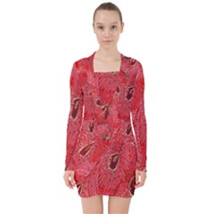Red Peacock Floral Embroidered Long Qipao Traditional Chinese Cheongsam Mandarin V-neck Bodycon Long Sleeve Dress