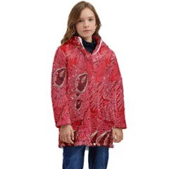 Red Peacock Floral Embroidered Long Qipao Traditional Chinese Cheongsam Mandarin Kids  Hooded Longline Puffer Jacket