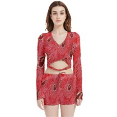 Red Peacock Floral Embroidered Long Qipao Traditional Chinese Cheongsam Mandarin Velvet Wrap Crop Top and Shorts Set
