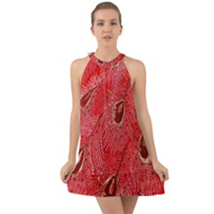 Red Peacock Floral Embroidered Long Qipao Traditional Chinese Cheongsam Mandarin Halter Tie Back Chiffon Dress