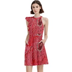 Red Peacock Floral Embroidered Long Qipao Traditional Chinese Cheongsam Mandarin Cocktail Party Halter Sleeveless Dress With Pockets