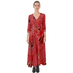 Red Peacock Floral Embroidered Long Qipao Traditional Chinese Cheongsam Mandarin Button Up Boho Maxi Dress