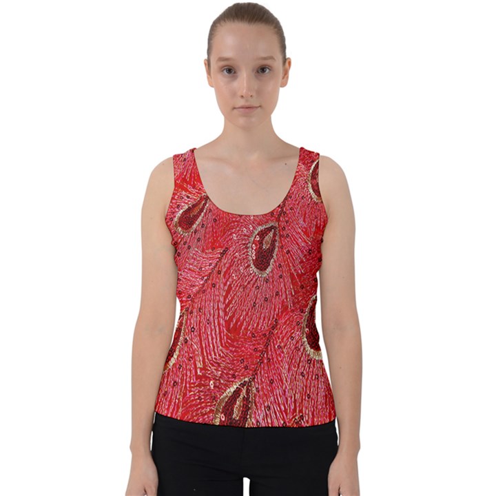 Red Peacock Floral Embroidered Long Qipao Traditional Chinese Cheongsam Mandarin Velvet Tank Top