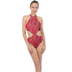 Red Peacock Floral Embroidered Long Qipao Traditional Chinese Cheongsam Mandarin Halter Side Cut Swimsuit