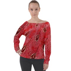 Red Peacock Floral Embroidered Long Qipao Traditional Chinese Cheongsam Mandarin Off Shoulder Long Sleeve Velour Top