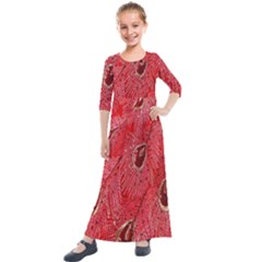 Red Peacock Floral Embroidered Long Qipao Traditional Chinese Cheongsam Mandarin Kids  Quarter Sleeve Maxi Dress