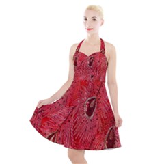 Red Peacock Floral Embroidered Long Qipao Traditional Chinese Cheongsam Mandarin Halter Party Swing Dress 