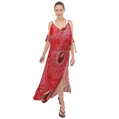 Red Peacock Floral Embroidered Long Qipao Traditional Chinese Cheongsam Mandarin Maxi Chiffon Cover Up Dress