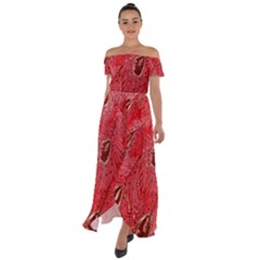 Red Peacock Floral Embroidered Long Qipao Traditional Chinese Cheongsam Mandarin Off Shoulder Open Front Chiffon Dress