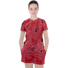 Red Peacock Floral Embroidered Long Qipao Traditional Chinese Cheongsam Mandarin Women s T-Shirt and Shorts Set