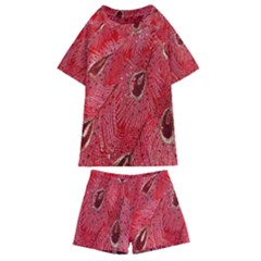 Red Peacock Floral Embroidered Long Qipao Traditional Chinese Cheongsam Mandarin Kids  Swim T-Shirt and Shorts Set