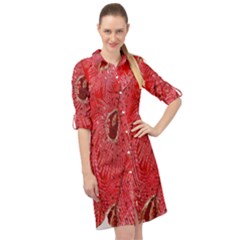 Red Peacock Floral Embroidered Long Qipao Traditional Chinese Cheongsam Mandarin Long Sleeve Mini Shirt Dress