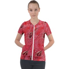 Red Peacock Floral Embroidered Long Qipao Traditional Chinese Cheongsam Mandarin Short Sleeve Zip Up Jacket