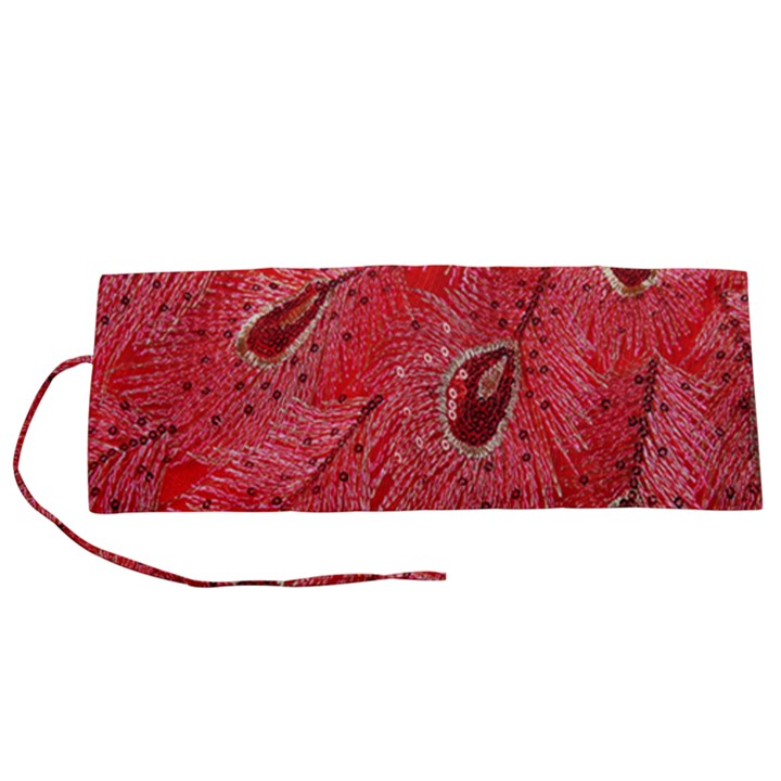 Red Peacock Floral Embroidered Long Qipao Traditional Chinese Cheongsam Mandarin Roll Up Canvas Pencil Holder (S)