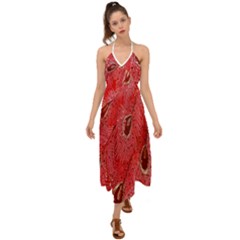 Red Peacock Floral Embroidered Long Qipao Traditional Chinese Cheongsam Mandarin Halter Tie Back Dress 