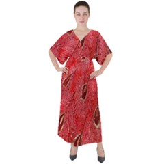 Red Peacock Floral Embroidered Long Qipao Traditional Chinese Cheongsam Mandarin V-Neck Boho Style Maxi Dress