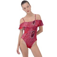 Red Peacock Floral Embroidered Long Qipao Traditional Chinese Cheongsam Mandarin Frill Detail One Piece Swimsuit