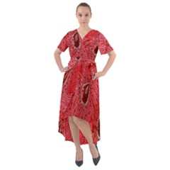 Red Peacock Floral Embroidered Long Qipao Traditional Chinese Cheongsam Mandarin Front Wrap High Low Dress