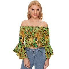 Unusual Peacock Drawn With Flame Lines Off Shoulder Flutter Bell Sleeve Top by Ket1n9