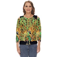 Unusual Peacock Drawn With Flame Lines Cut Out Wide Sleeve Top