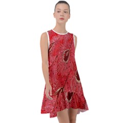 Red Peacock Floral Embroidered Long Qipao Traditional Chinese Cheongsam Mandarin Frill Swing Dress