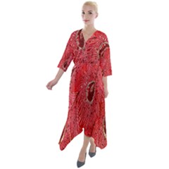 Red Peacock Floral Embroidered Long Qipao Traditional Chinese Cheongsam Mandarin Quarter Sleeve Wrap Front Maxi Dress